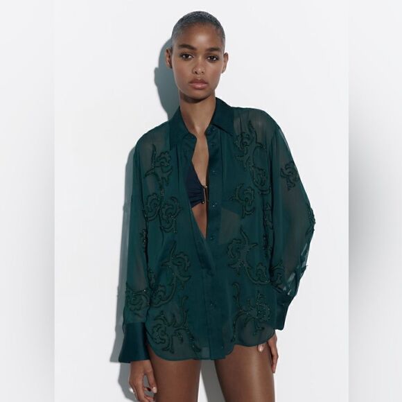 ZARA EMBROIDERED BEADED SEMI-SHEER BLOUSE - Picture 1 of 5